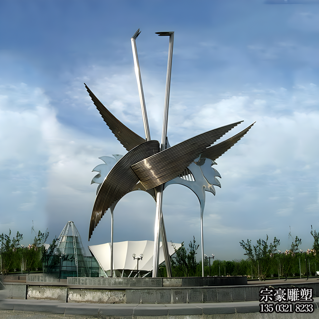 不銹鋼抽象仙鶴雕塑，大型戶外景觀動物雕塑
